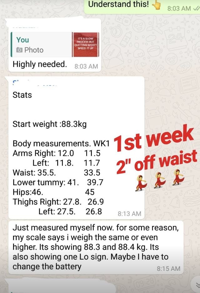 WhatsApp testimonial - 2 inches off waist in week 1