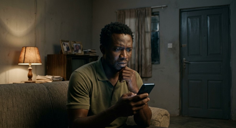 Worried Nigerian man checking his phone